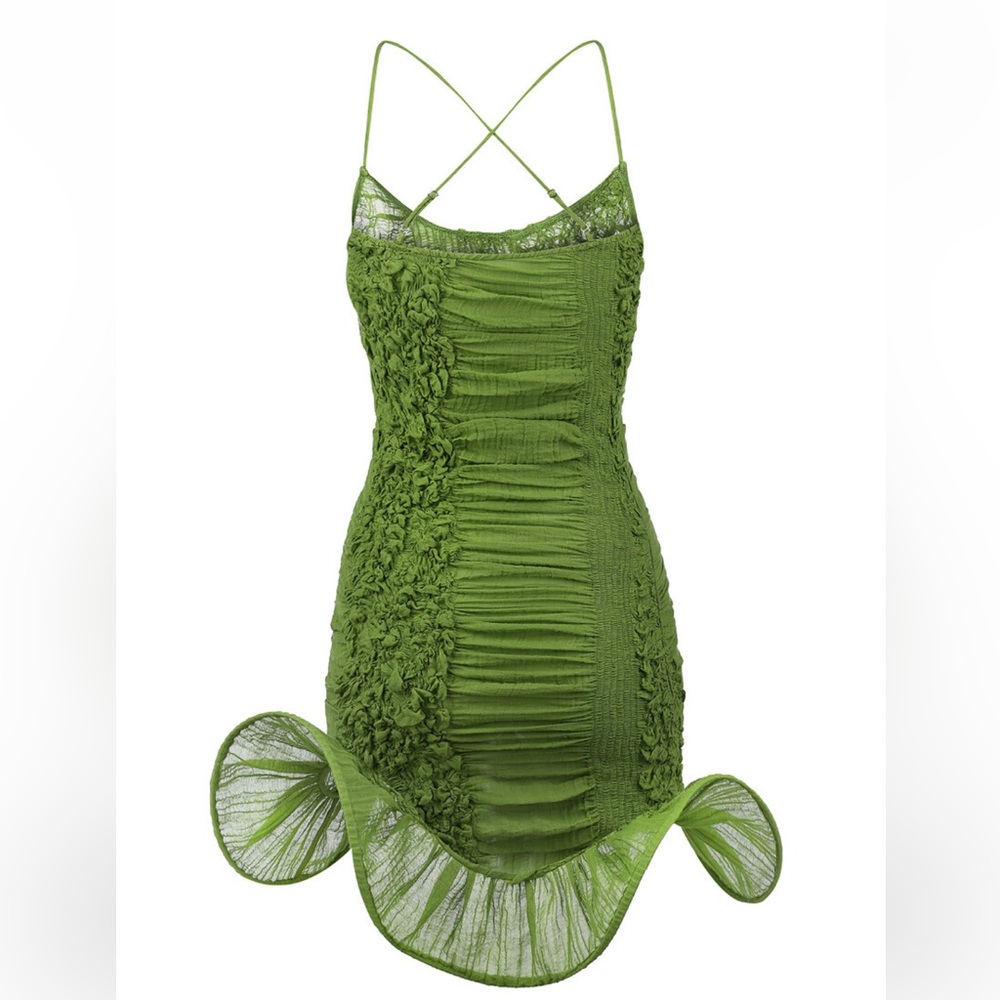 Green Ruched Mini Dress with Ruffle Hem - Picture 4 of 13